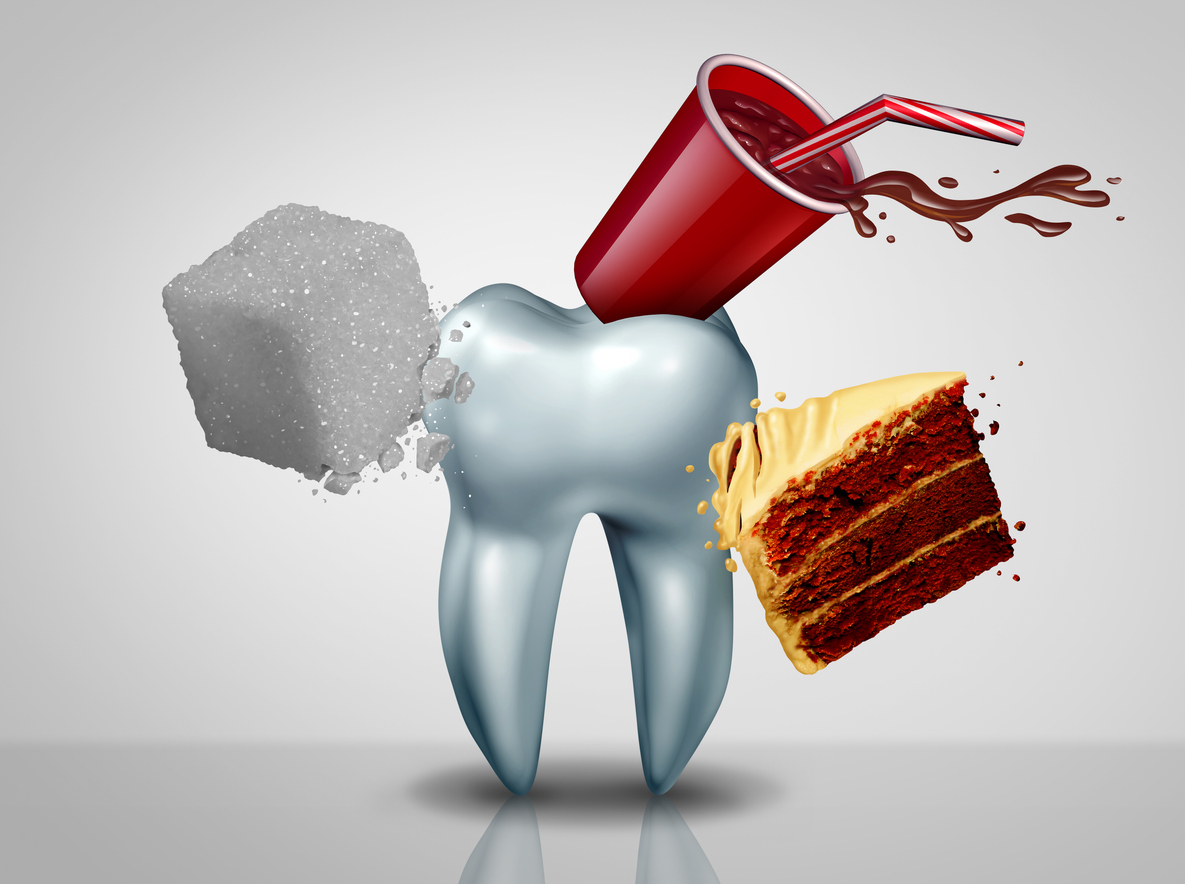 A tooth being bombarded with sugar, soda, and cake.